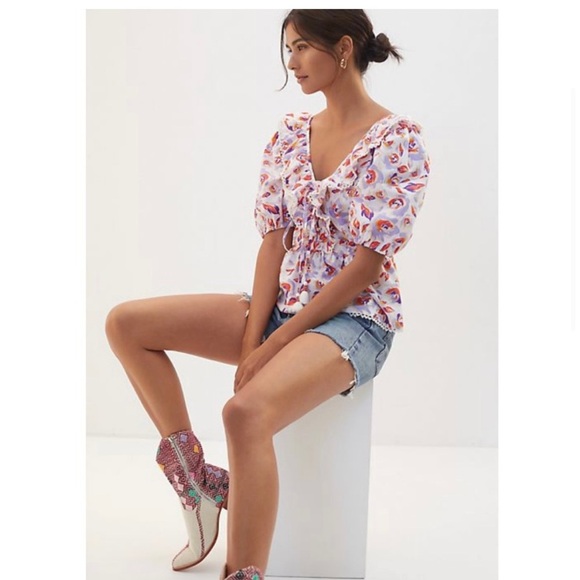 Anthropologie Tops - Anthropologie Maeve Ruffled Tie-Front Puff Sleeve Floral Print Blouse
